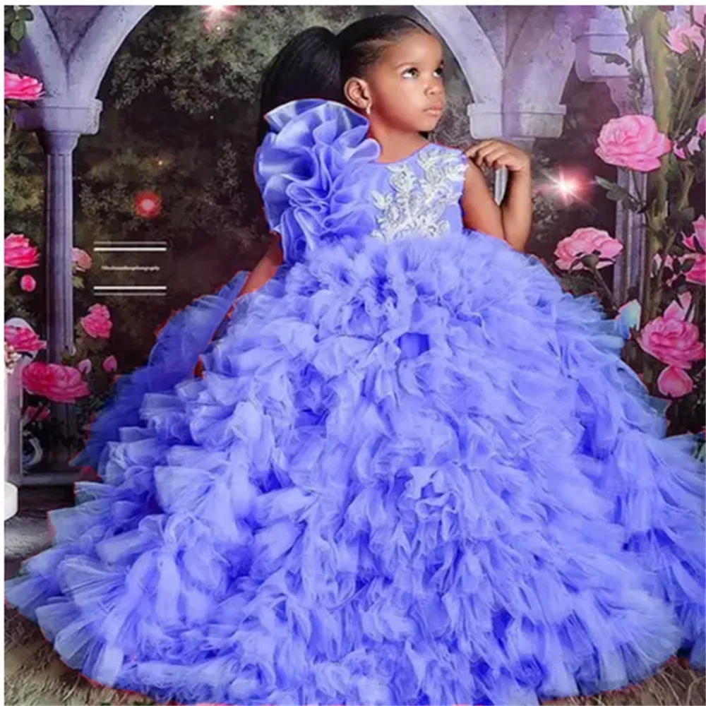 Customized Luxury Flower Girl Dresses for Wedding Ruffles Sequins Floor Length Tiered Girl Birthday Party First Communion Gowns
