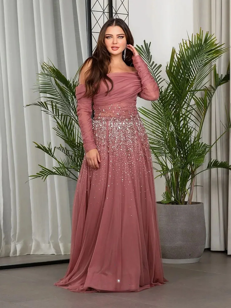 LAYXHS Modne Sukienki Wieczorowe z Odkrytymi Ramionami, Sukienki Wieczorowe w Linii A, Długie Sukienki, Błyszczące Sukienki Balowe z Koralikami, Sukienki Wieczorowe Szyte na Miarę