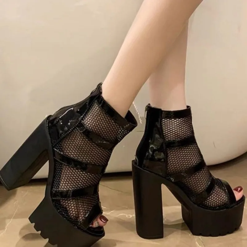 High Heels Gladiator Women Sandals Peep Toe Sexy Black Mesh Square Heel Platform Shoes 2023 Summer Womens Luxury Thick Sandals