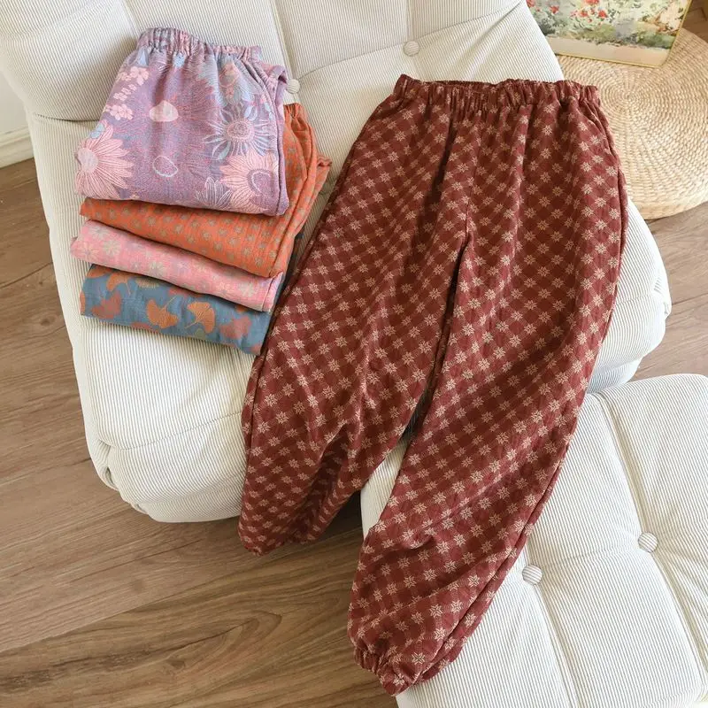 Classic Yarn-Dyed Jacquard Women‘s Breathable Cotton Sleep Pants, Cuffed Hem Plus Size Loose Fit, Lightweight Spring Fall Home L