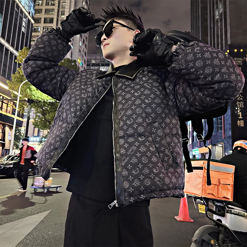 Vintage Jacquard Winter Jacket for Men Thick and Warm PU Lapel Spliced Jackets Casual Social Street Wear Hip Hop Parkas Coat