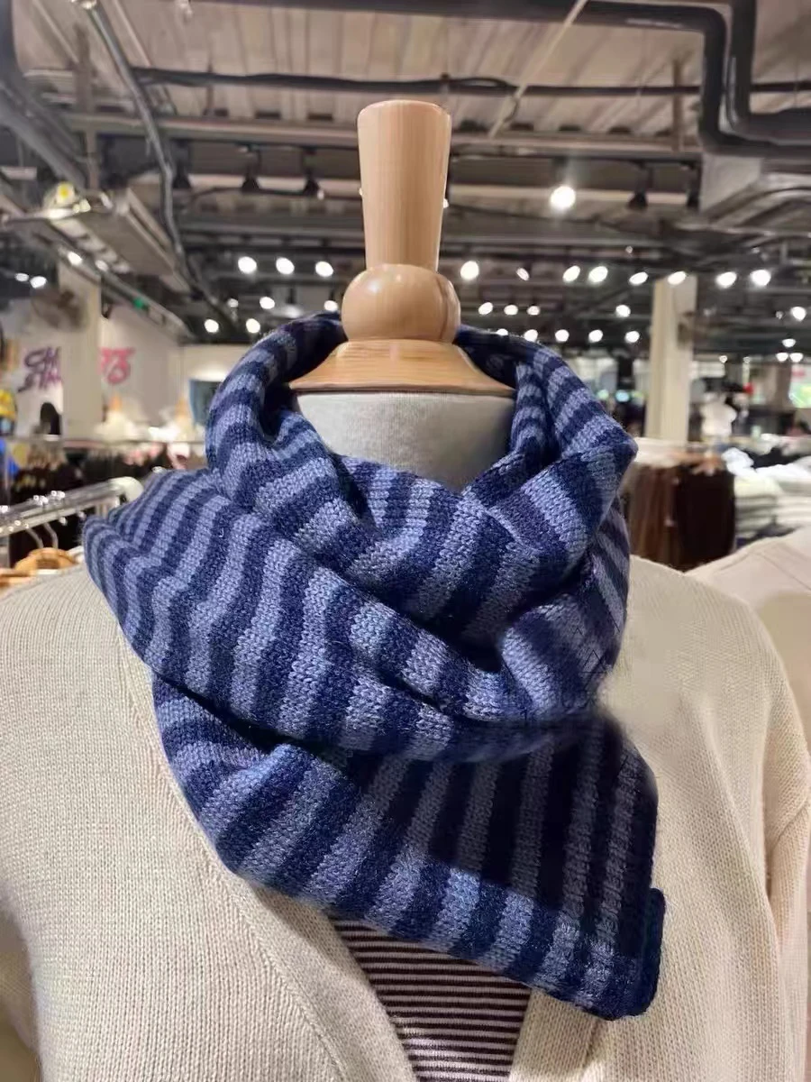 

Chic Navy Striped Knitted Warm Scarf Women Autumn Winter Unisex Thick Cotton Scarves Vintage Sweet Preppy Style Shawl Hand Made