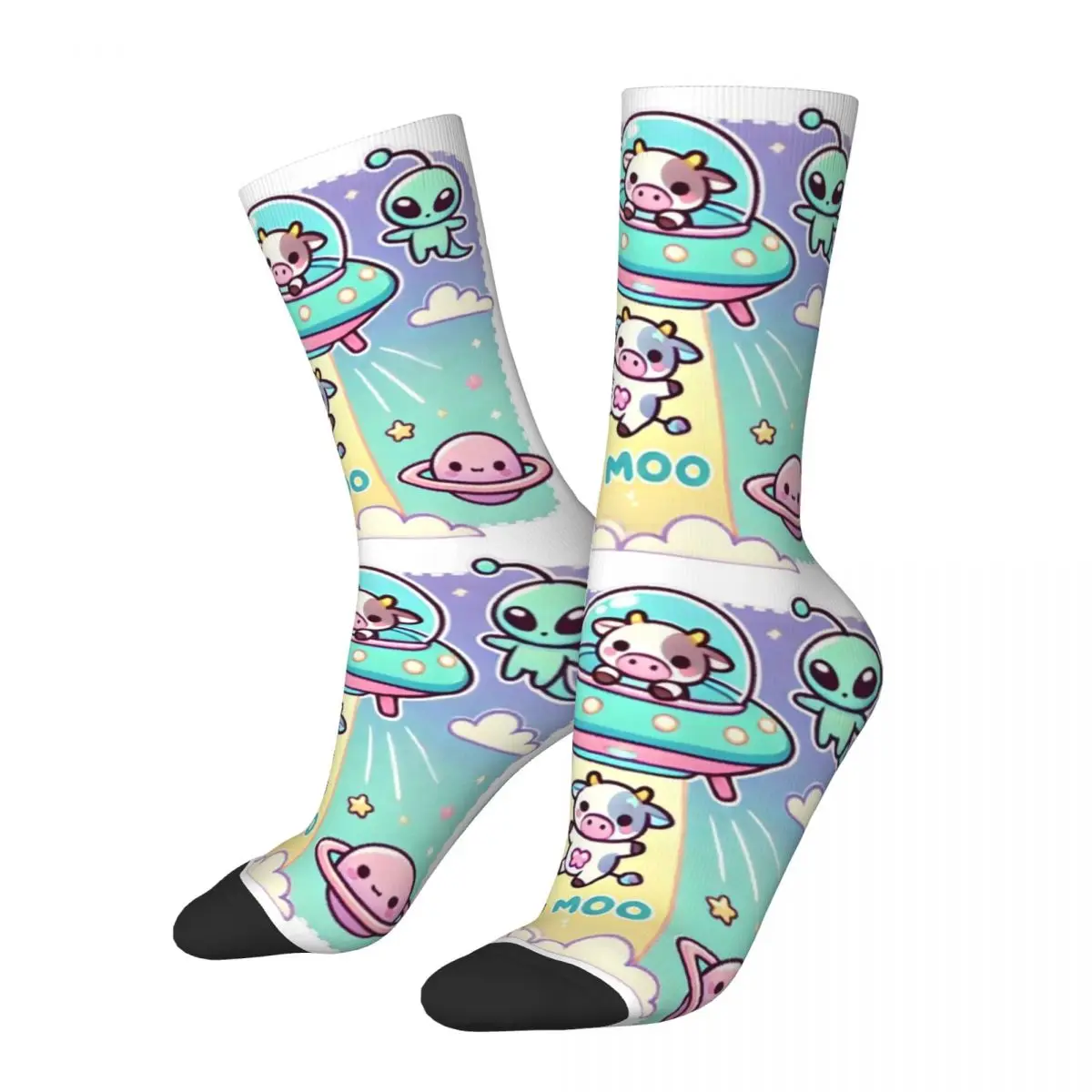 Alien Cow Abduction Kawaii Space Adventure Socks Harajuku Super Soft Stockings All Season Long Socks Accessories for Unisex