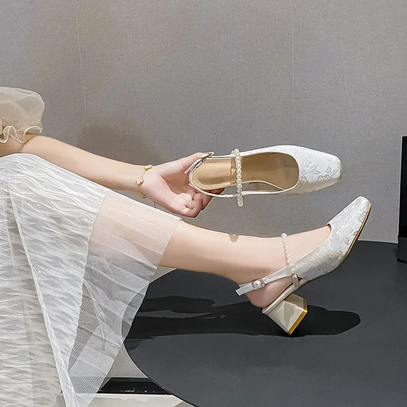 2024 Women Square Toe Pumps Pearl Decoration4.5CM Square Heel National Style New Chinese Style Pearl Jacquard Baotou Women Shoes image 4