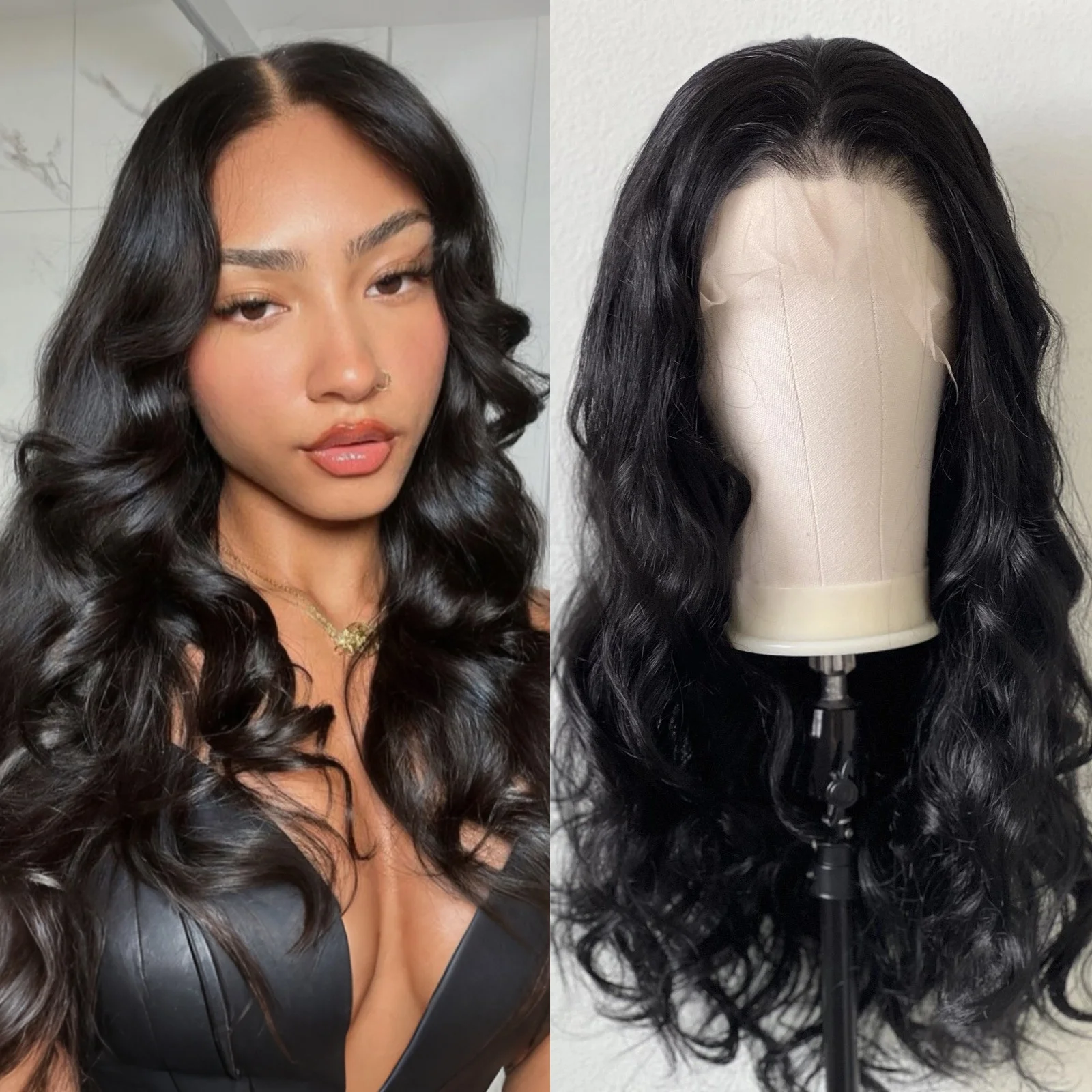 Wig Rambut Sintetis Model Body Wave Hitam Panjang 13X6 untuk Wanita, Free Part, Pre Plucked, Tanpa Lem, Keriting Bergelombang, untuk Sehari-hari, Pesta, Cosplay