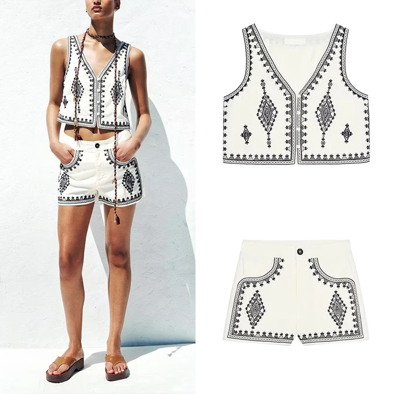 

Summer 2025 Women's Faion Set ort Sve Embroidered Contrast Vest And orts Polyester Fiber V-ne Button Closure