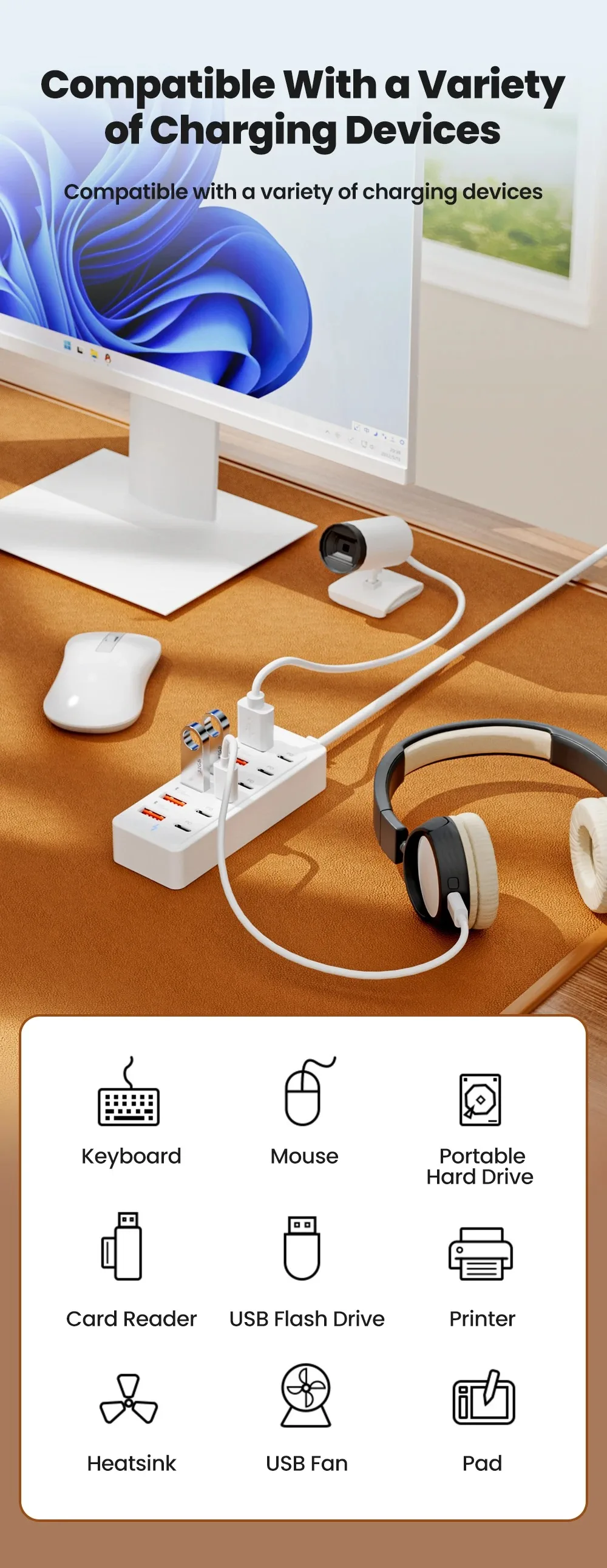 Auto-Schnellladegerät mit Mehrfachanschlüssen, 6-Port USB-Hub-Adapter Telefonladegerät & Stromanzeige, Kompatibel mit USB-C/USB-A-Geräten – Detail 7