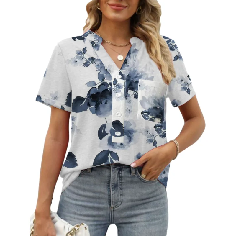 2024 Europe and the United States summer new women\'s V-neck flower print short-sleeved shirt T-shirt top women