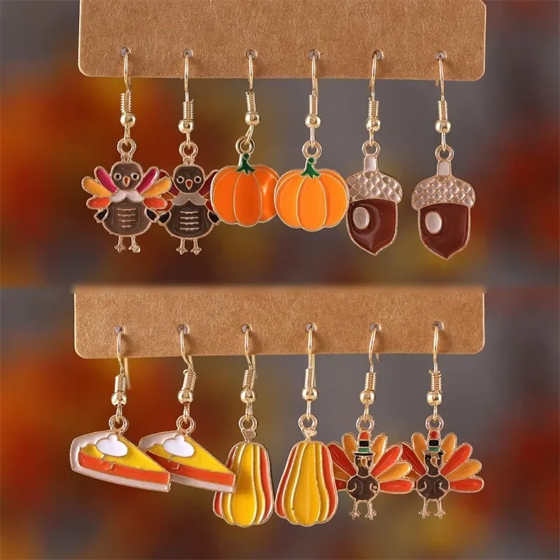 2024 Trendy Thanksgiving Turkey Orange Pumpkin Dangle Earrings Women Creative Oil Drop Sandwich Pinecone Earring Jewelry Set