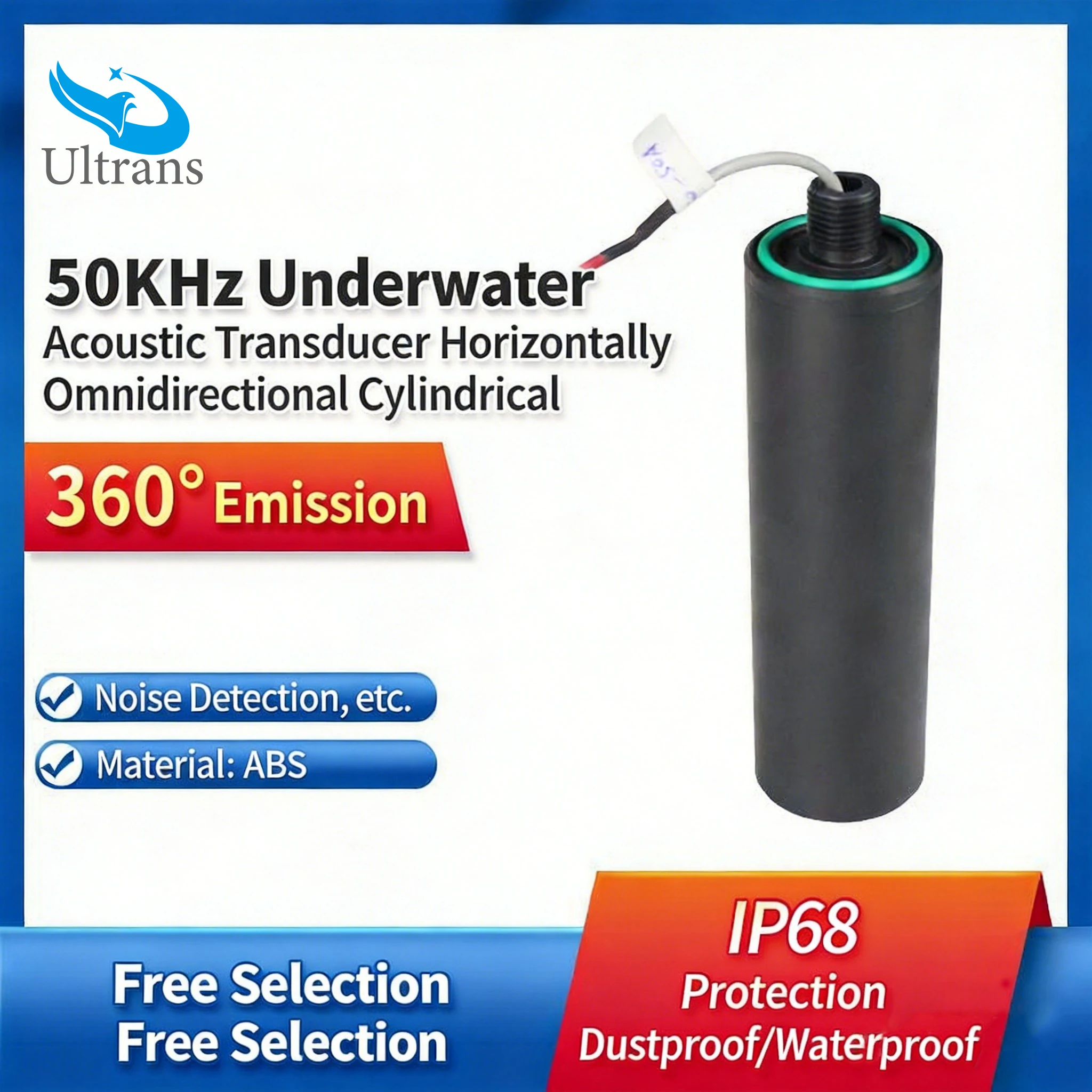 50KHz Horizontal Non Directional Cylindrical Underwater Acoustic Transducer Noise Detection Sensor Probe