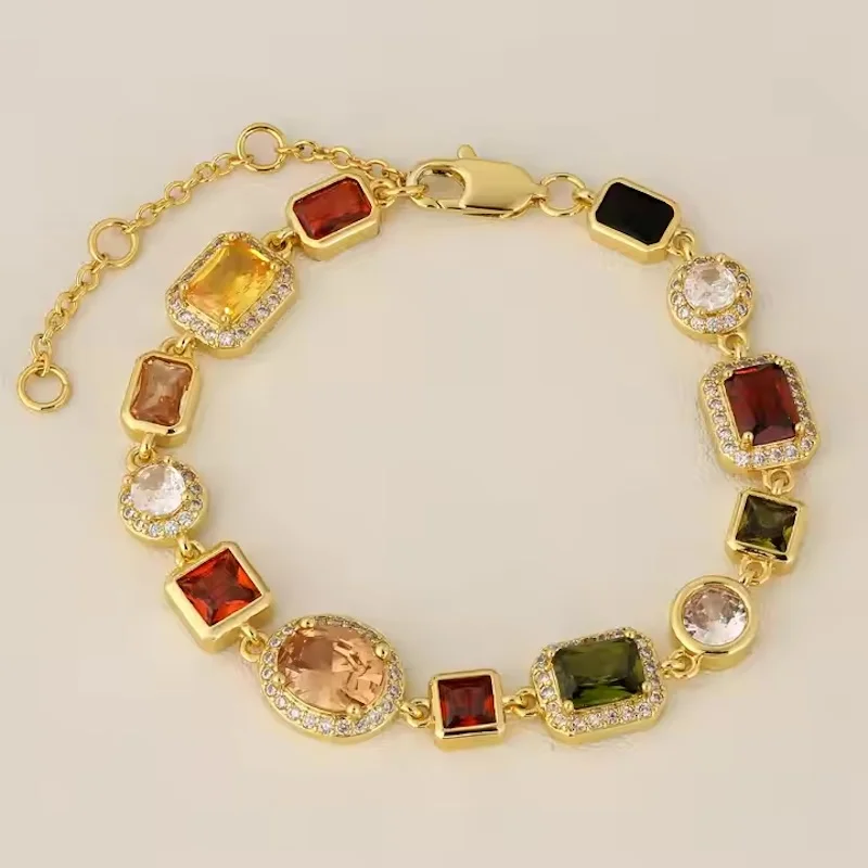 14K Gold Plated Multicolor Crystal Link Bracelet, Assorted Square & Oval Gemstone Charms with Rhinestone Halo, Vintage Luxury Colorful Zircon Chain Bracelet, Adjustable Fashion Statement Jewelry for Women for Banquet & Daily Wear