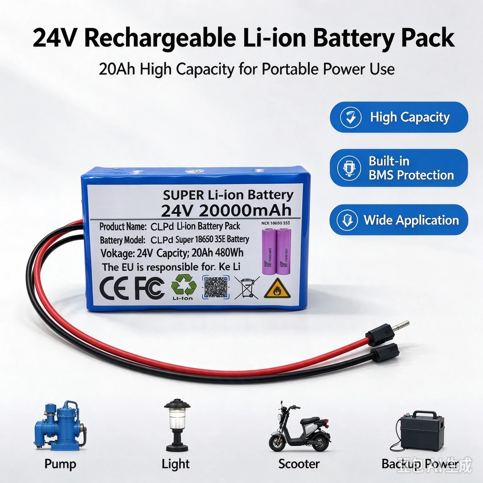 24V 20Ah 20000mAh Rechargeable Li-ion Battery Pack 18650 Lithium Battery for Pump Light Electric Scooter Backup Power
