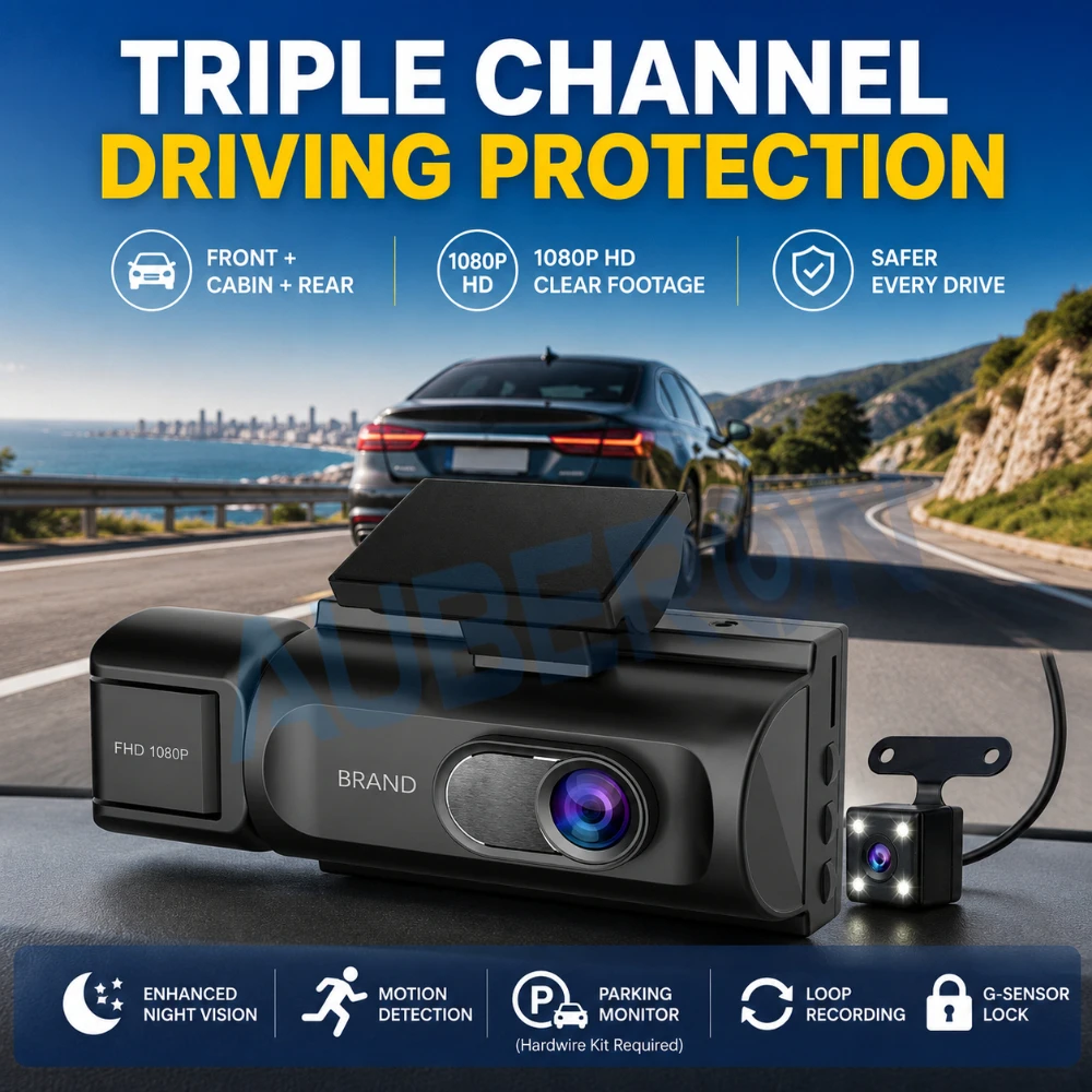1080P Triple Dash Cam Car Camera WiFi Car DVR Front Rear Cabin Recording Driving Recorder Night Vision Loop Recording G-Sensor