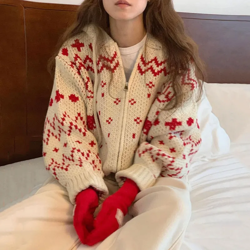 Chic Autumn Winter Knitted Hat Sweatshirt Women's Long Sleeve Drawstring Design Sense Outerwear Sweet Pattern Embroidery