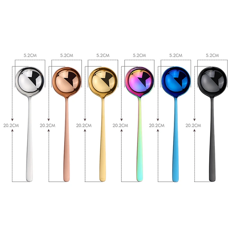 Colors Large Round Head Tablespoons Long Handle Coffee Stirring Spoon Stainless Steel Tableware Ramen Soup Ladle Kitchen Utensil