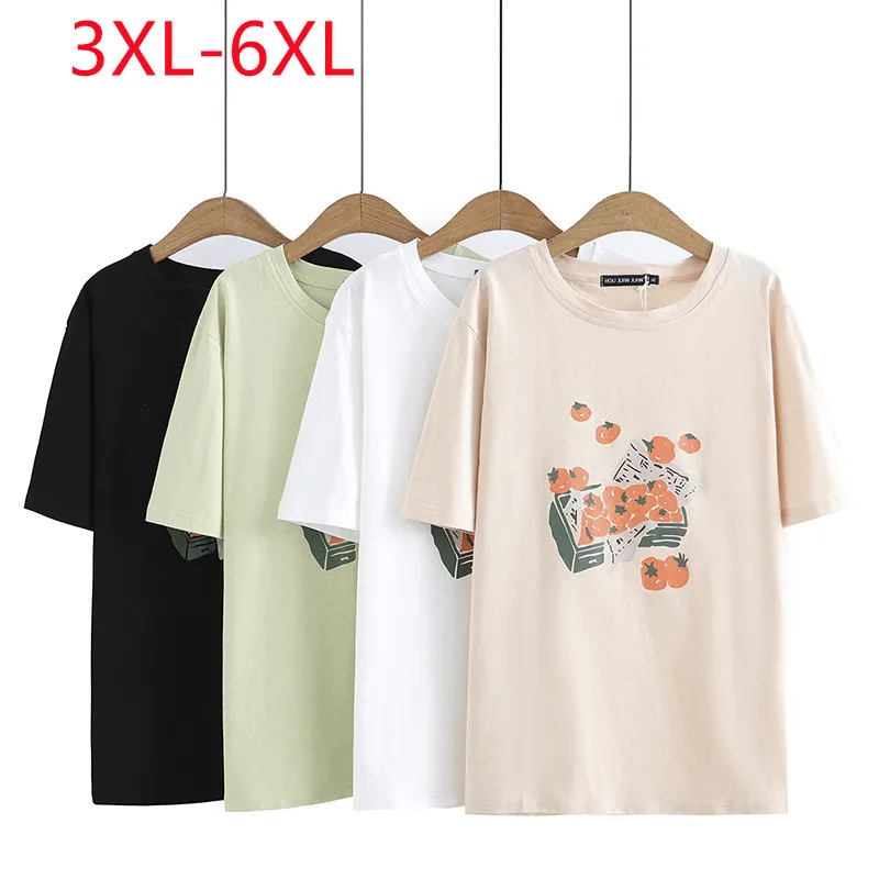 New 2023 Ladies Summer Plus Size Tops For Women Large Size Short Sleeve O-neck Print Cotton Green T-shirt 3XL 4XL 5XL 6XL