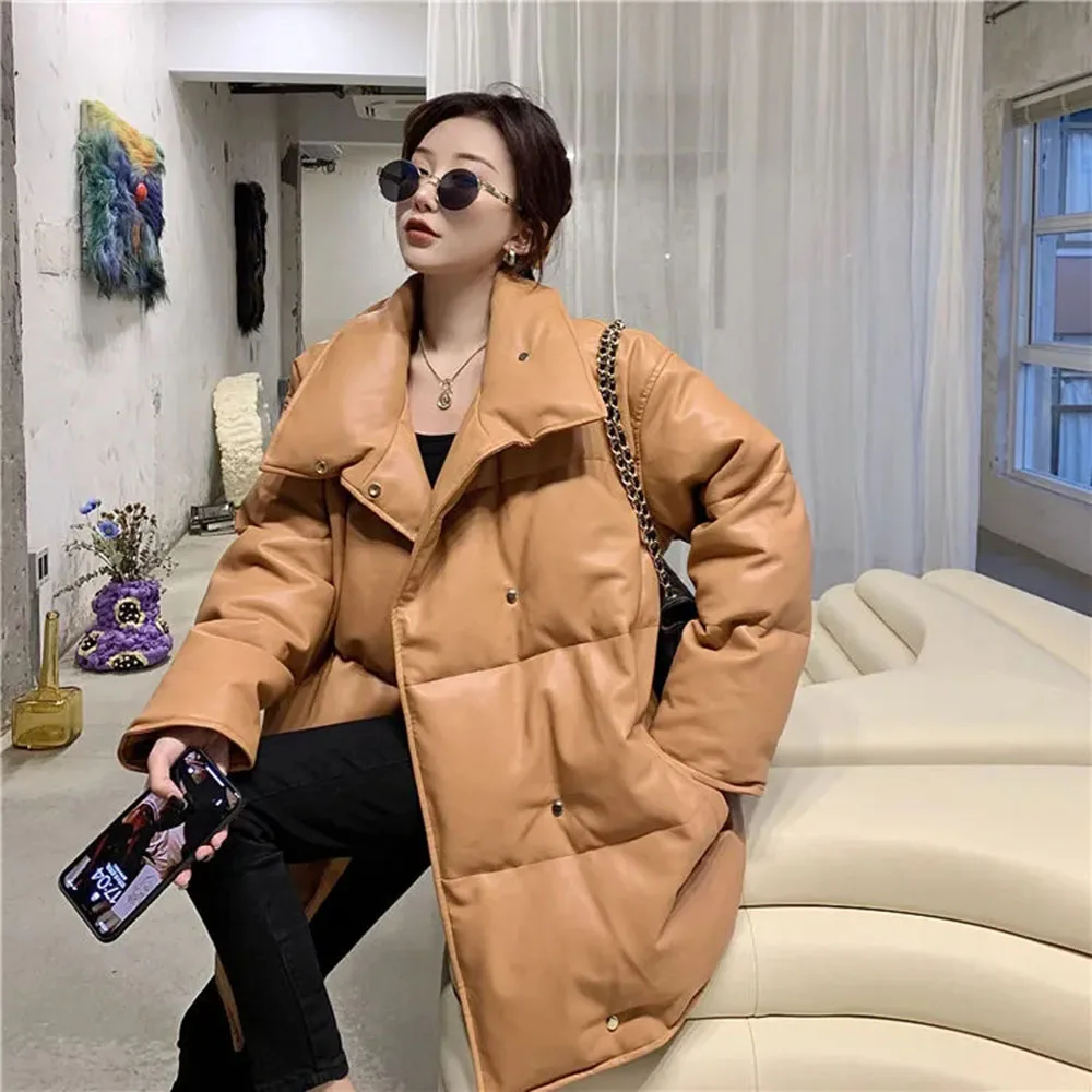 Fashion Faux Leather Jacket For Women Thicken Warm Padded Coat Vintage Long Sleeve Pockets PU Leather Parkas Female Chic Outwear