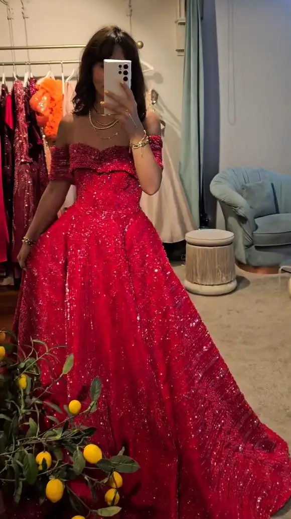 FATAPAESE Haute Couture strass perles rouge robes de soirée de luxe robe de bal Cap manches robe de noël robe d'invité de mariage