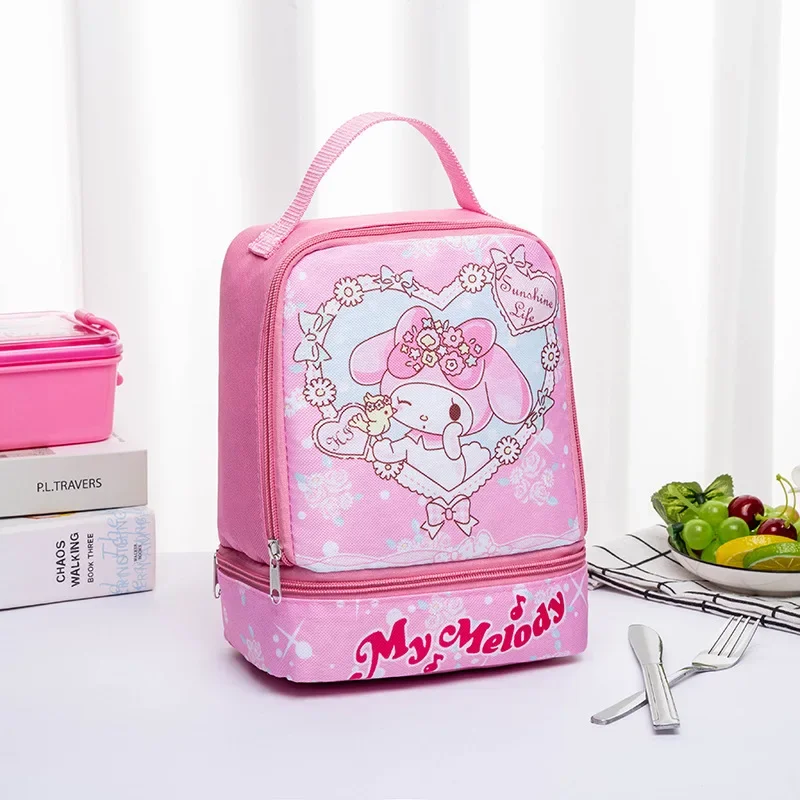 Hello Kitty Lunch Box Cute Kids Bento Bag grande capacità doppio strato Cartoon Student Kawaii Fruit Snack borsa da Picnic portatile