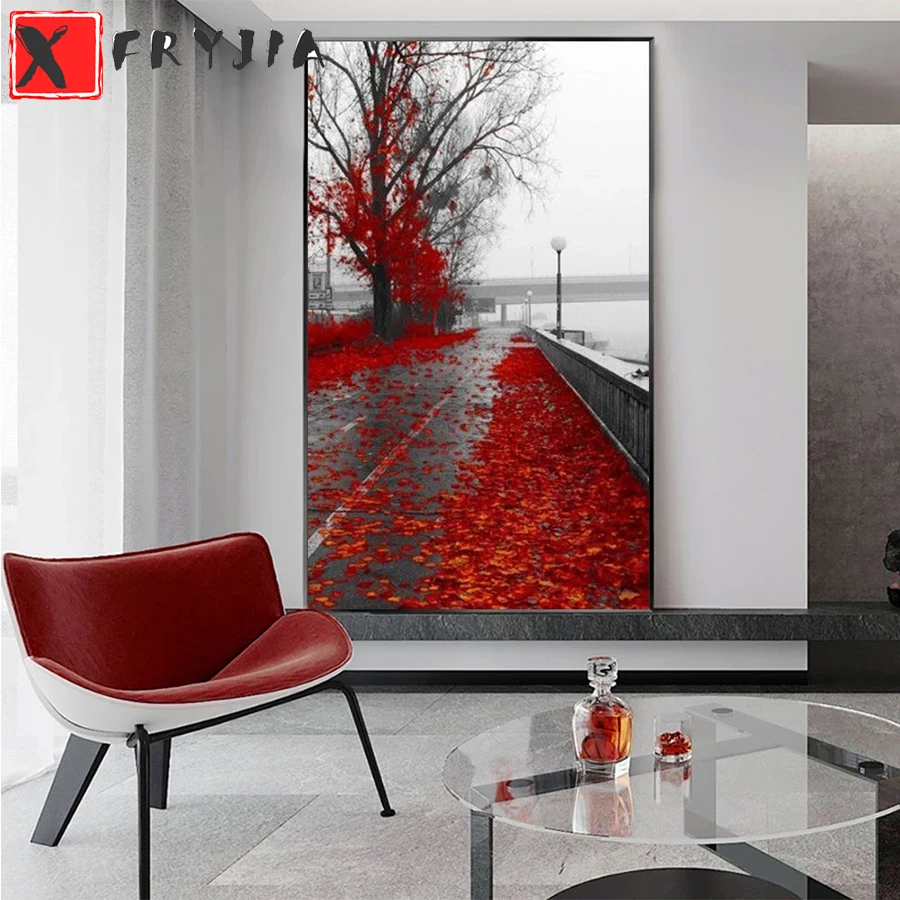 

5D DIY Diamond Embroidery Street With Red Maple Leaves landscape Full Needlework Diamond Painting Cross Stitch Decor For Home