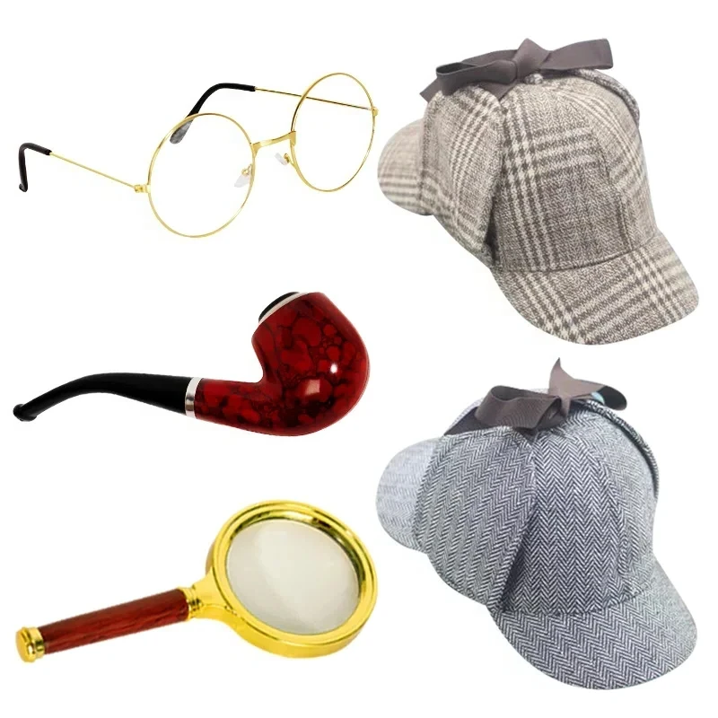 الدعائم الأنابيب هولمز أداء مرحلة الهالوين ، قبعة المباحث Deerstalker ، شيرلوك معدات مكبرة الزجاج