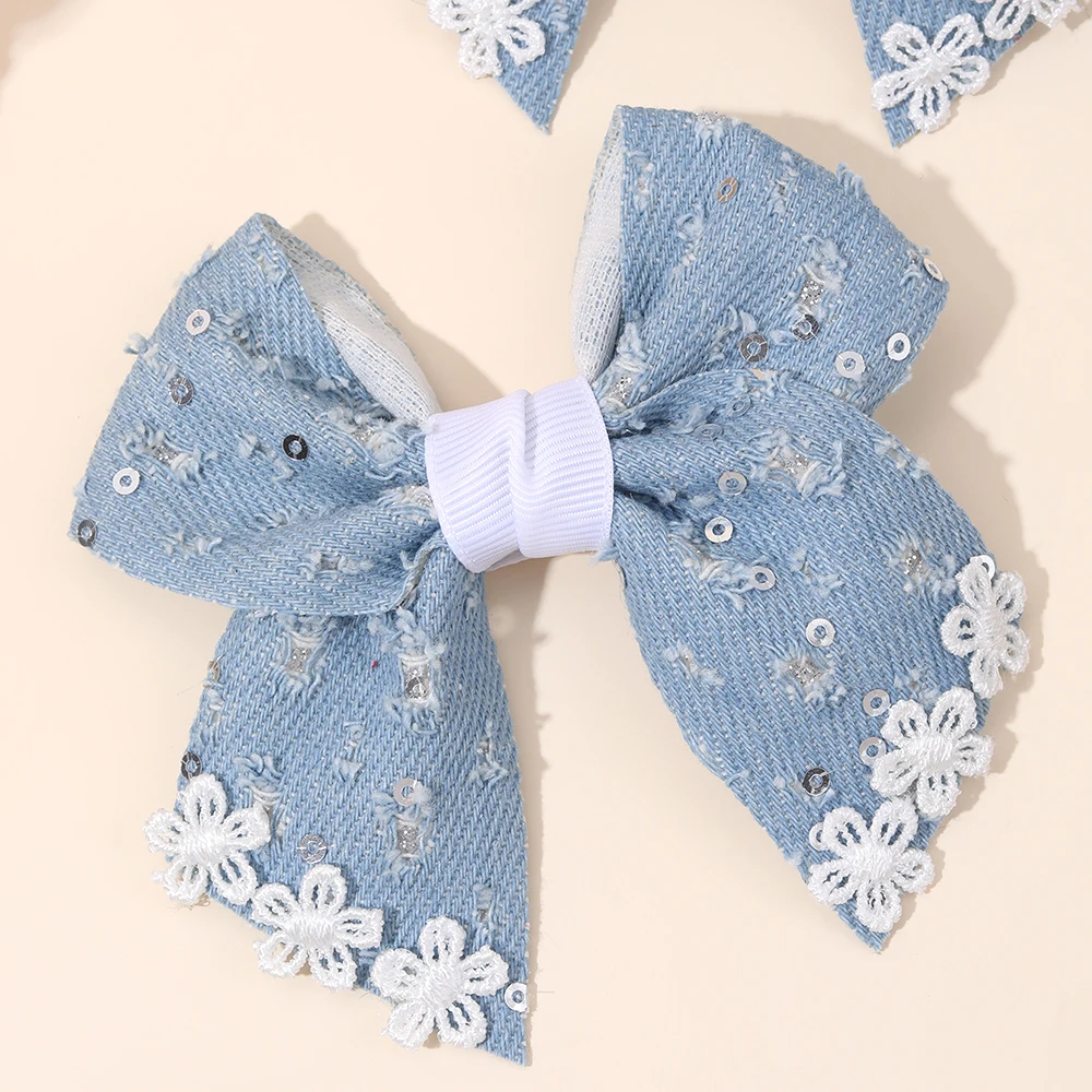 2 шт., нежные винтажные джинсовые заколки для волос с бантом, кружевные заколки с цветочными пайетками, модные аксессуары для волос для девочек, вечерние повседневные головные уборы