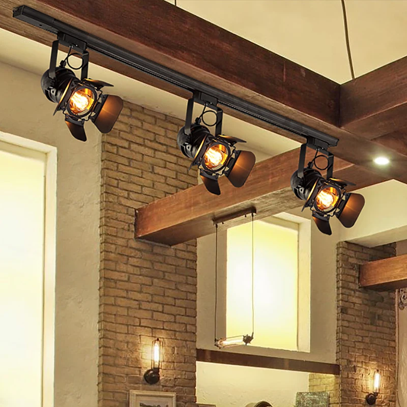 Vintage E27 Track Light Loft Spotlight Rail สีดำโคมไฟสำหรับ Barn ประตูเสื้อผ้า Store Shop โคมไฟ