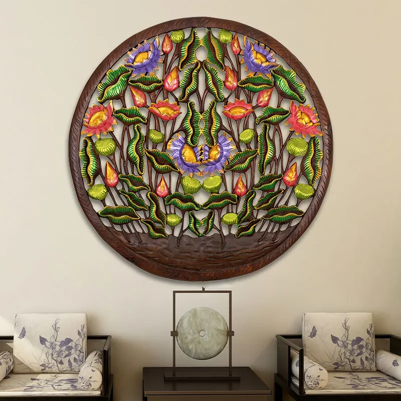 Round wood  decoration teak wood carving  decoration pendant carved board background wall decoration crafts