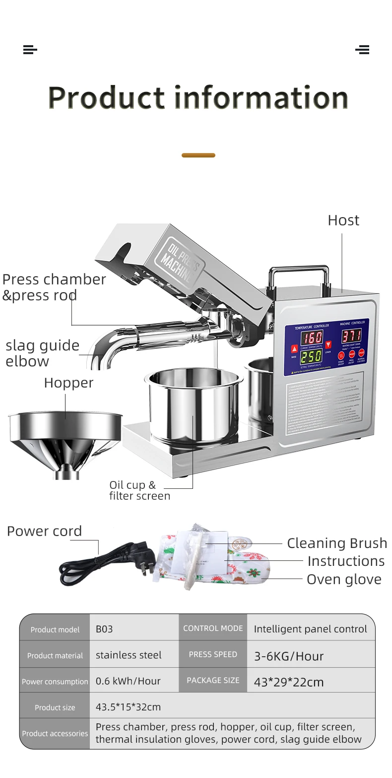 NEW 2025 Model 304 Stainless Steel Oil Press Machine Large Capacity for Peanut,Sunflower,Sesame Seeds Easy Clean, Low Noise