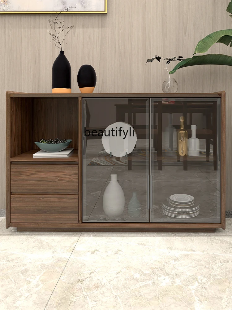 

Modern Minimalist Walnut Sideboard Cabinet Home Living Room Light Luxury All Solid Wood Storage Wall Kitchen Bowl Cabinet