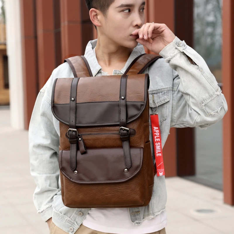 Vintage Laptop PU Leather Backpacks for School Bags Men Travel Leisure Large Capacity Waterproof Backpacks Students Schoolbags