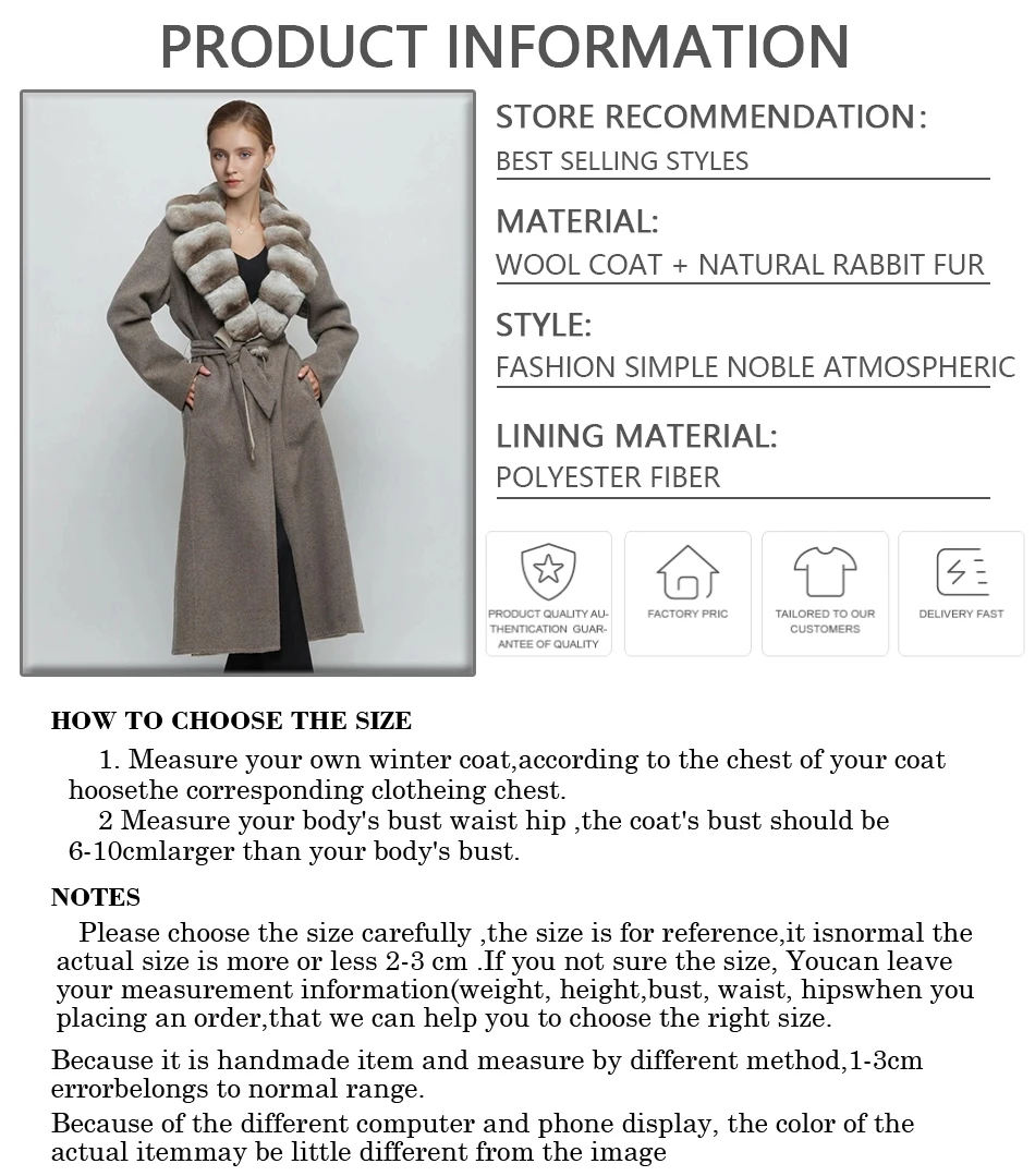 Womens Jackets Cashmere Coat Women Luxury Real Wool Coat With Natural Rex Rabbit Fur Cuffs  Clothes