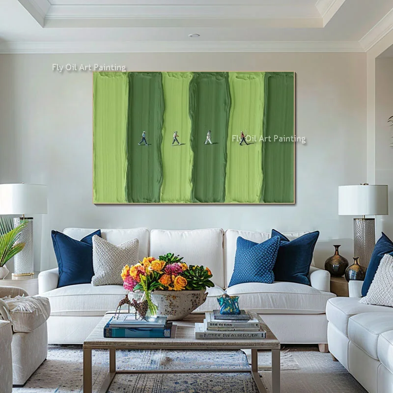 Handmade Simple Green Abstract Land People Walking Canvas Thick Wall Art People Swim In Blue Sea Oil Painting For Room Decor