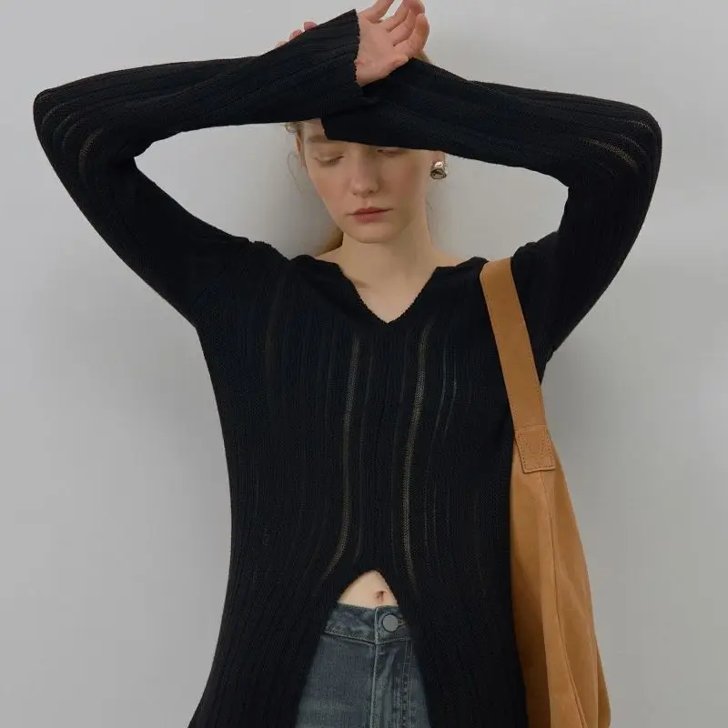 Winter Casual Long Sleeve Women Tie Dye Sweater Minimalist Slim V Neck Split Knit Pullover Ladies Clothing Tops 2023