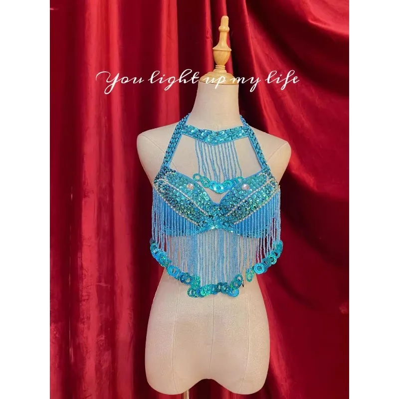 Top árabe personalizado para danza del vientre, ropa interior con sujetador para mujer, borla colorida, diamante brillante, patrón Sexy, vestido de actuación con corsé