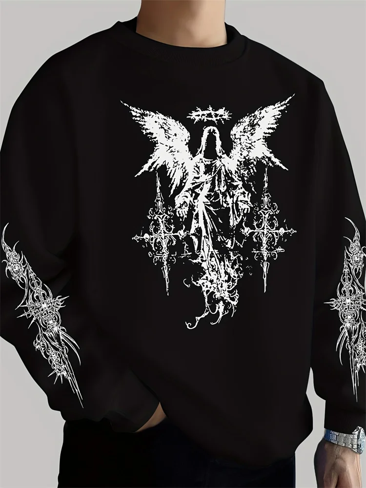 

Мужская толстовка с круглым вырезом и принтом темного ангела в готическом стиле, свободная версия, уличный повседневный пуловер, весенне-осенний стиль