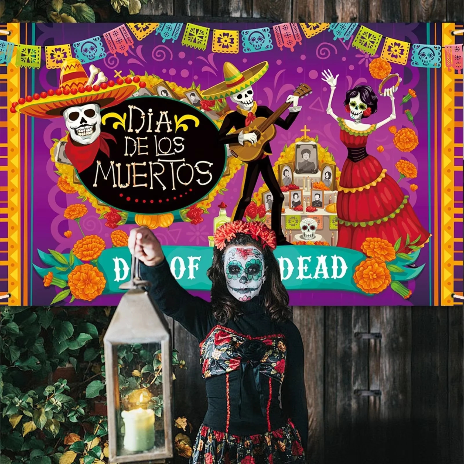 Day of The Dead Party Gathering Backdrop Mexican Dia DE Los Muertos Background Fiesta Sugar Skull Altar Photography Props