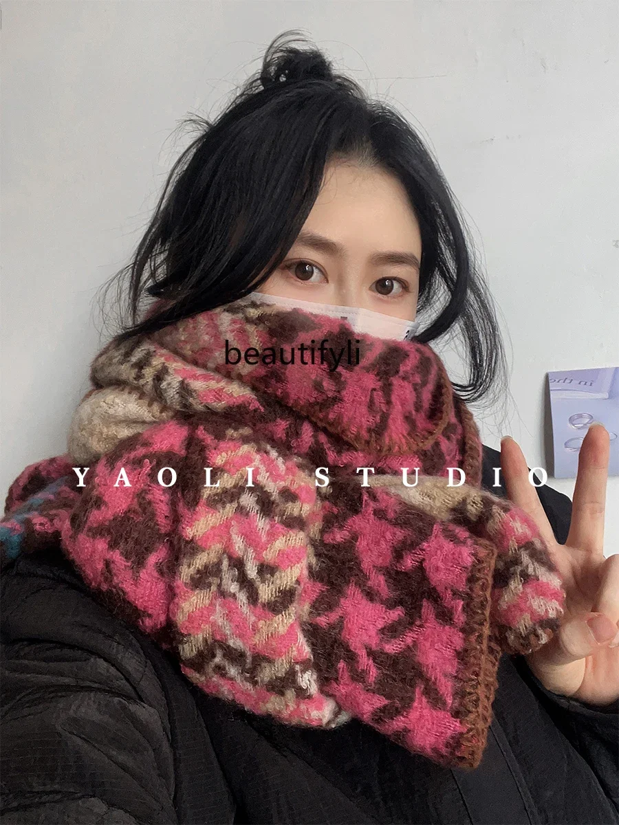 Northeast thick white winter scarf new high-end feeling thousand birds plaid versatile scarf to keep warm