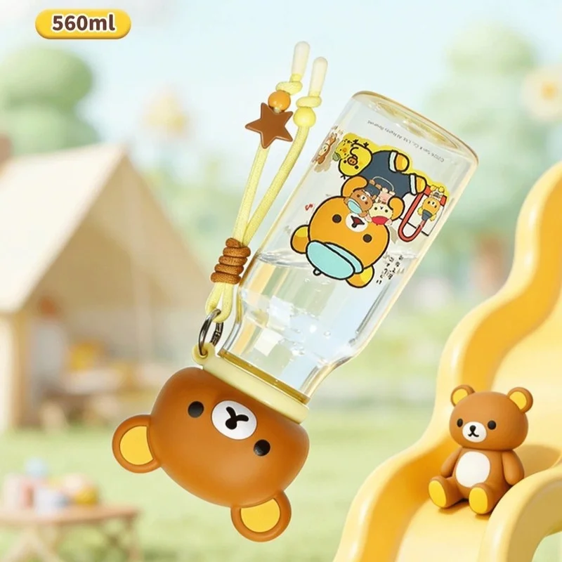 Rilakkuma Water Bottle Portable Leakproof Coffee Cup Cute Bear Head Lid With Lanyard For Outdoor Office Travel