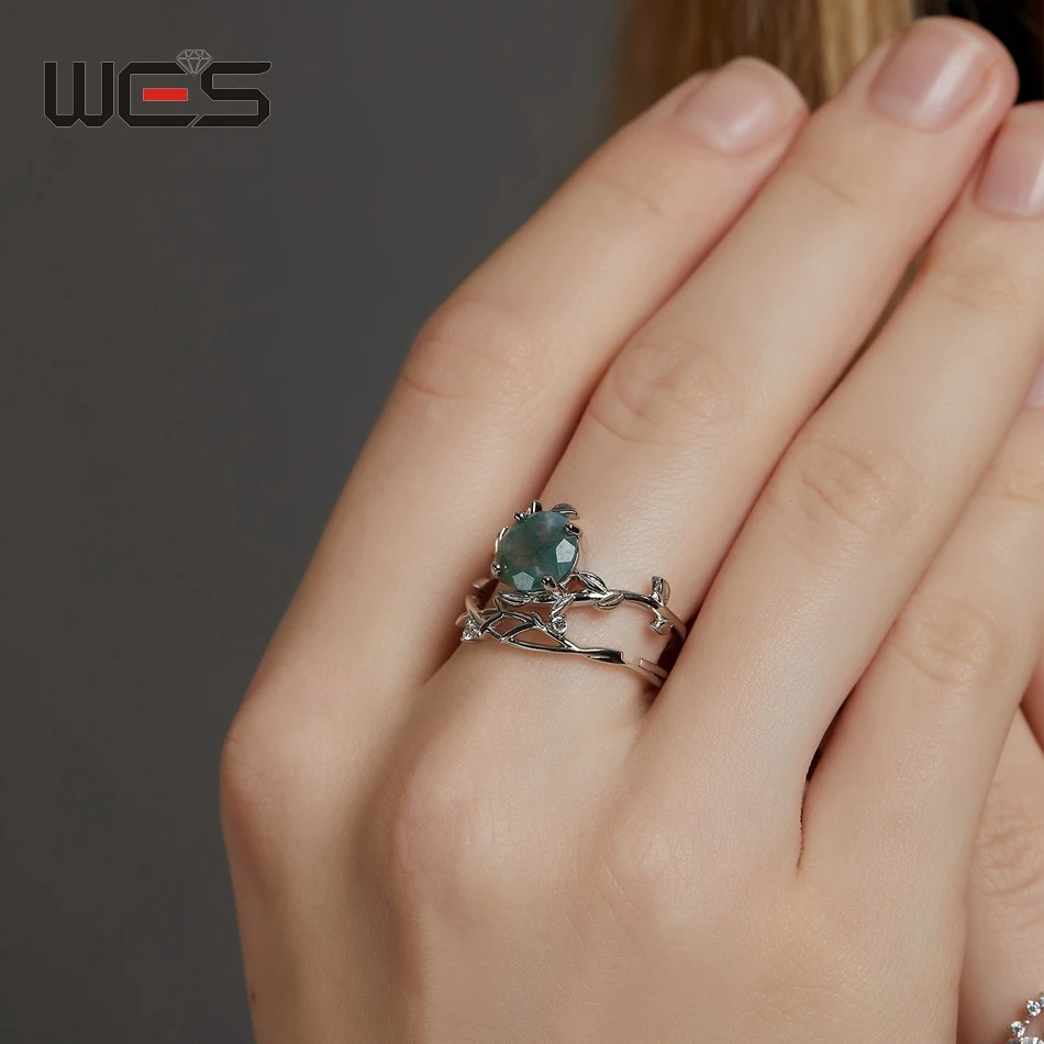 WES 925 Silver Unique Olive Branch Natural Gem 8*8mm Moss Agate Adjustable Ring Sets For Women Wedding Gifts Dainty Fine Jewelry