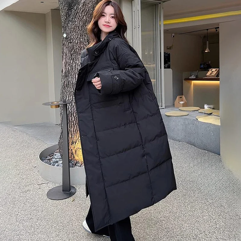 معطف شتوي طويل من القطن للنساء 2025 موضة الجانب زر الوقوف طوق مبطن سترة قطن المتضخم سترات دافئة غير رسمية امرأة