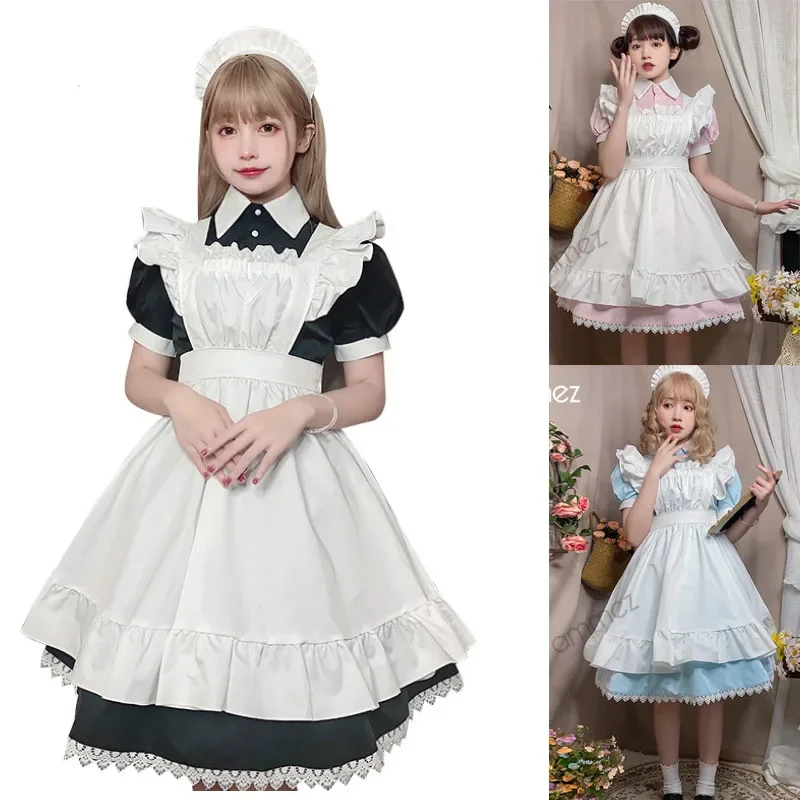 

Cute Lolita Dresses Costume Pink Short Sleeve Lace Trim Maid Dress Sweet Black Waitress Outfit Cosplay Women 2025 Hot Sale