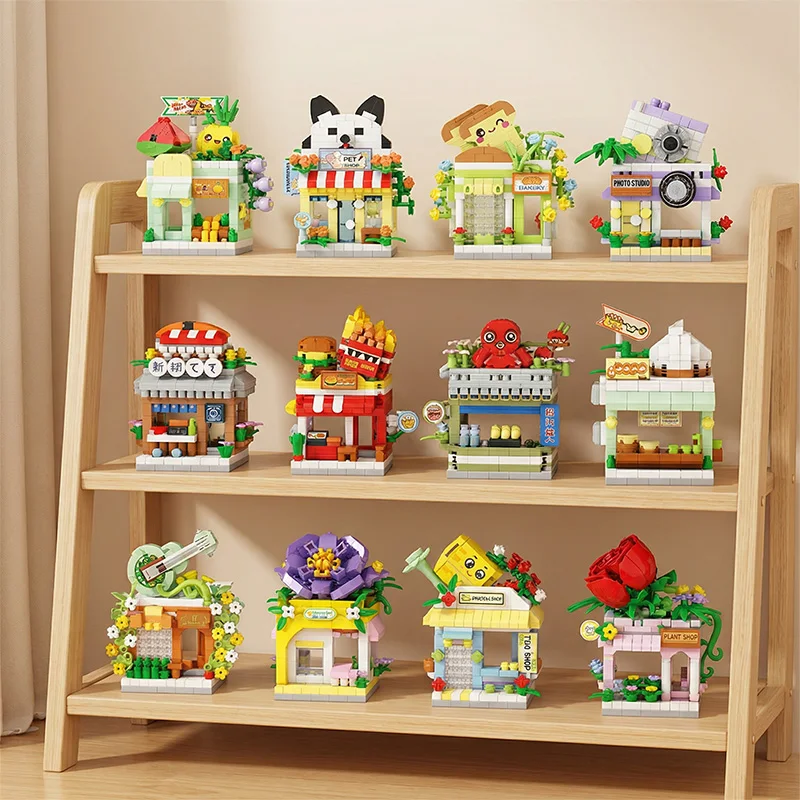 

City Street View Building Blocks Miniature House Shop Building Block Model Desktop Decoration Children Toy Girl Holiday Gift