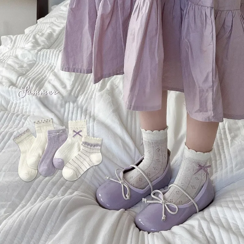 5 Pairs of Cute Girls' Fishnet Socks, Adorable Purple Socks with Bows for Casual Use