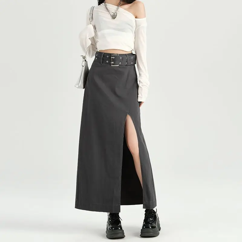 

Women's Casual High Waist Skirt Split Hem Raw Trim MidiSkirts Button Up Knee Length Bodycon Summer Irregular Skirt Long Dress