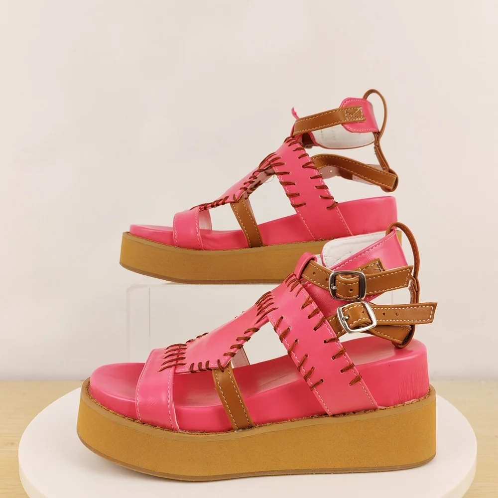 Women's Hot Pink Contrast Stitch Platform Sandals Brown Ankle Strap Buckle for Y2K Coquette & Summer Casual Street Style