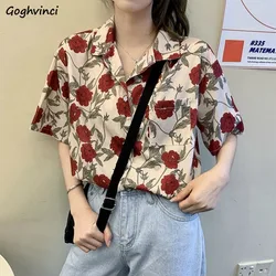 Women Shirts Short Sleeve Summer Sum-proof Harajuku Rose Print Vintage Retro Korean Style Loose Teens Streetwear Chic Tops 2022