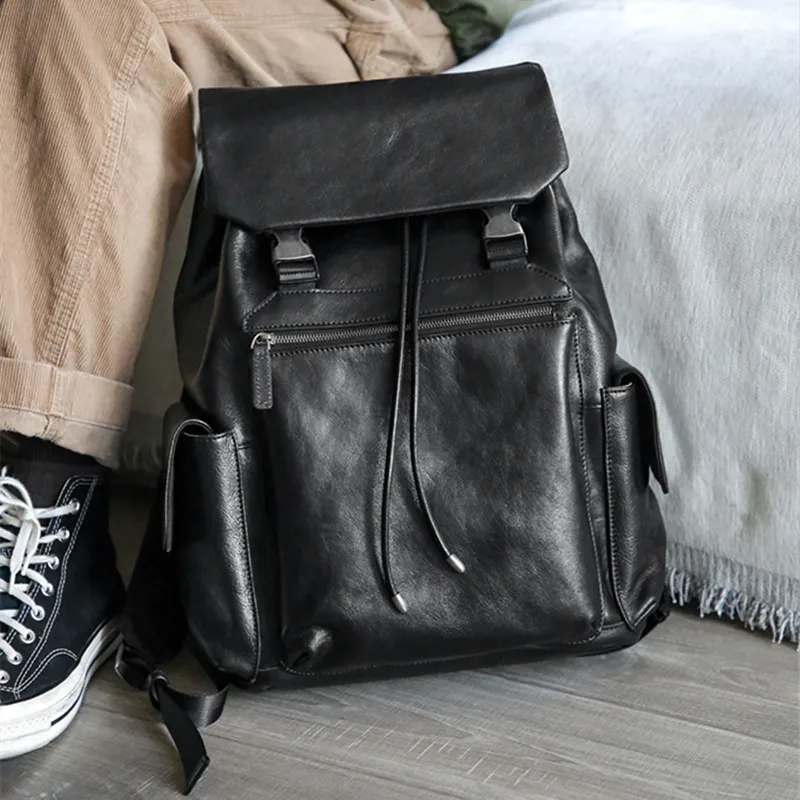 

2025 New Genuine Leather Men's Backpack Shoulder Soft Black Cowhide Large Capacity Leisure Fashion Computer Bag Travel Backpacks