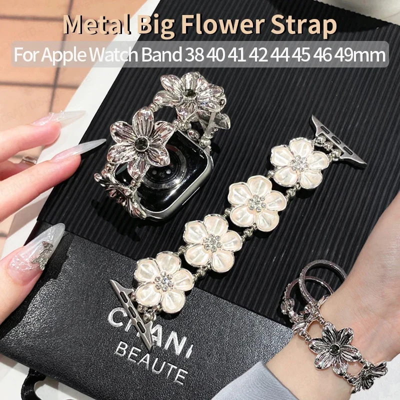 

Korea Metal Big Flower Strap for Apple Watch 44mm Band 49mm 41mm 45mm 42 46 40 Women Elastic Bracelet for IWatch 10 9 8 7 SE 6 5