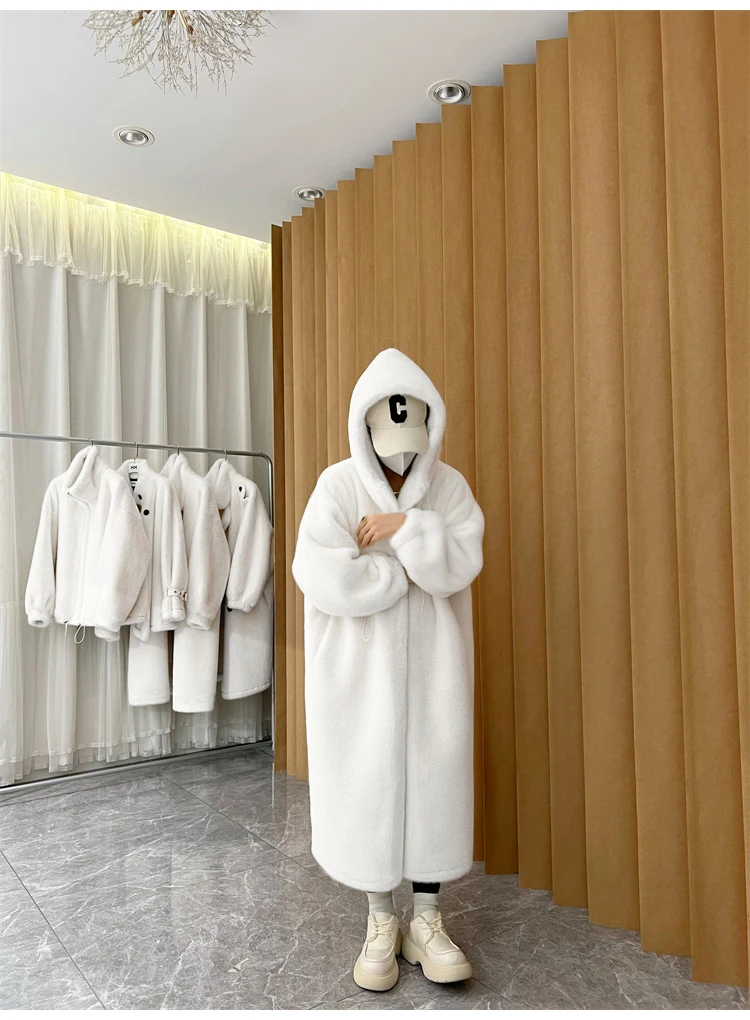 Lautaro Winter Long Oversized Warm Thick Blue White Fluffy Faux Fur Coat Women with Hood 2022 Loose Casual Korean Style Fashion
